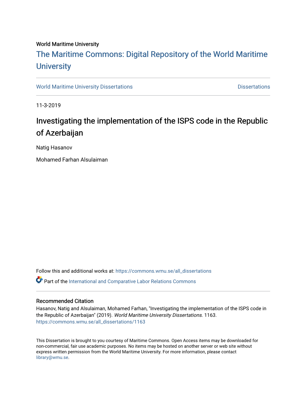 Investigating the Implementation of the ISPS Code in the Republic of Azerbaijan