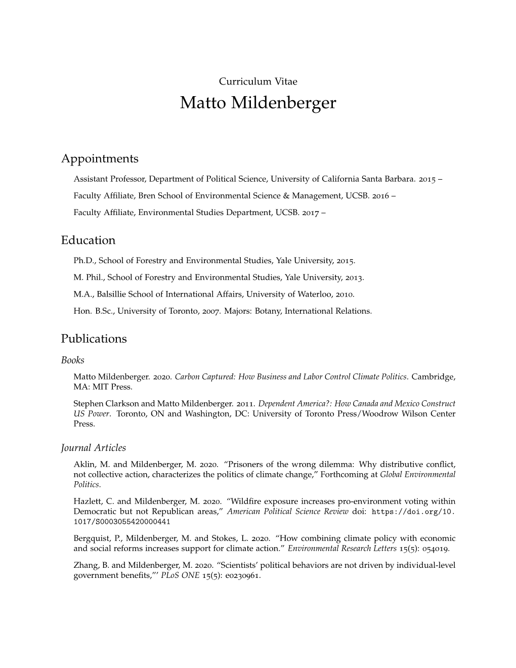 Matto Mildenberger: Curriculum Vitae