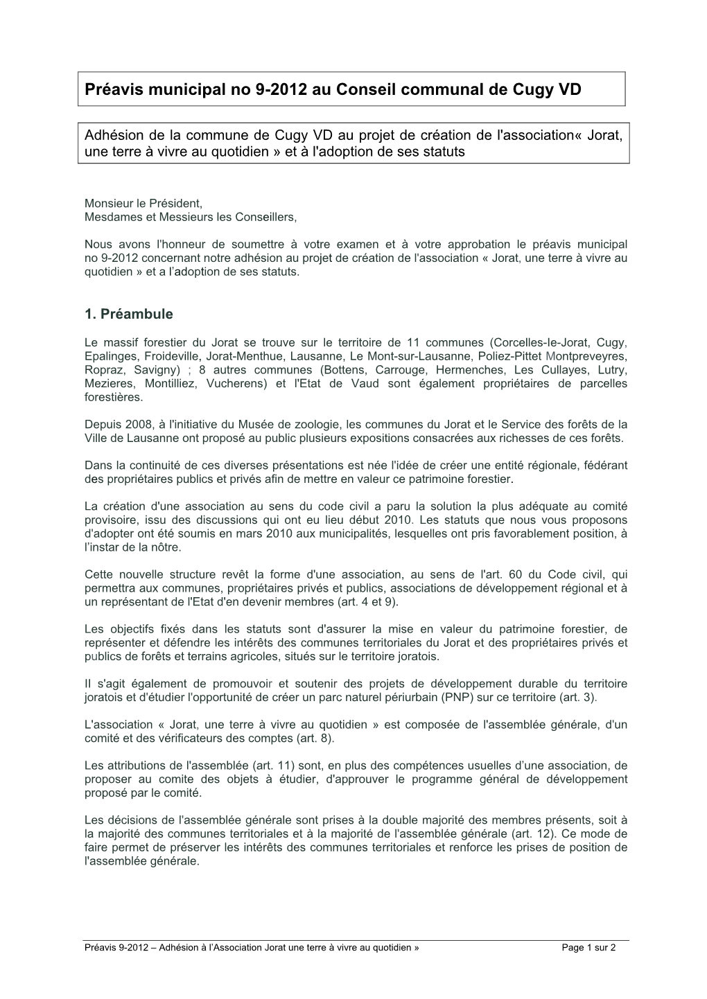 Préavis Municipal No 9-2012 Au Conseil Communal De Cugy VD