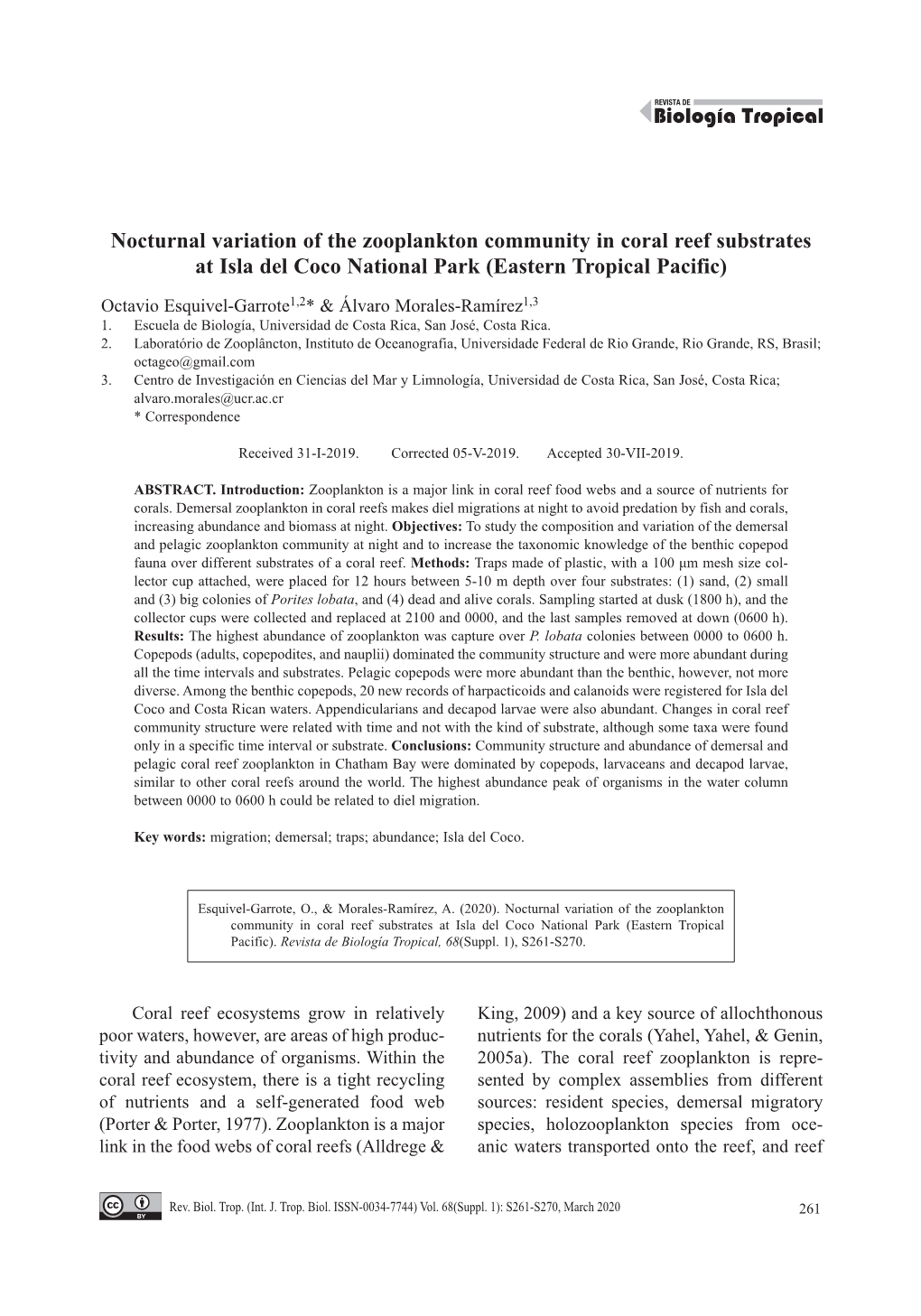 Nocturnal Variation of the Zooplankton Community in Coral Reef Substrates at Isla Del Coco National Park (Eastern Tropical Pacific)