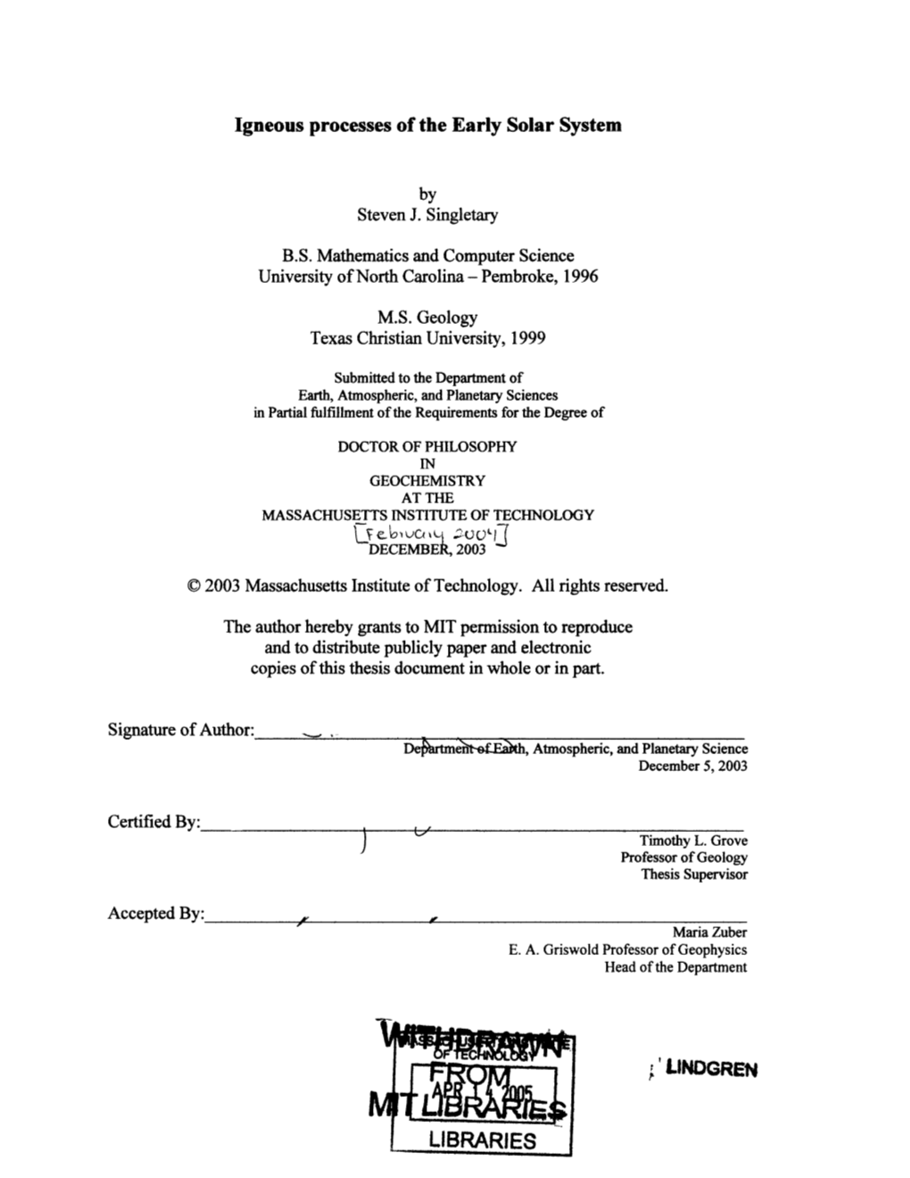 Igneous Processes of the Early Solar System LINDGREN