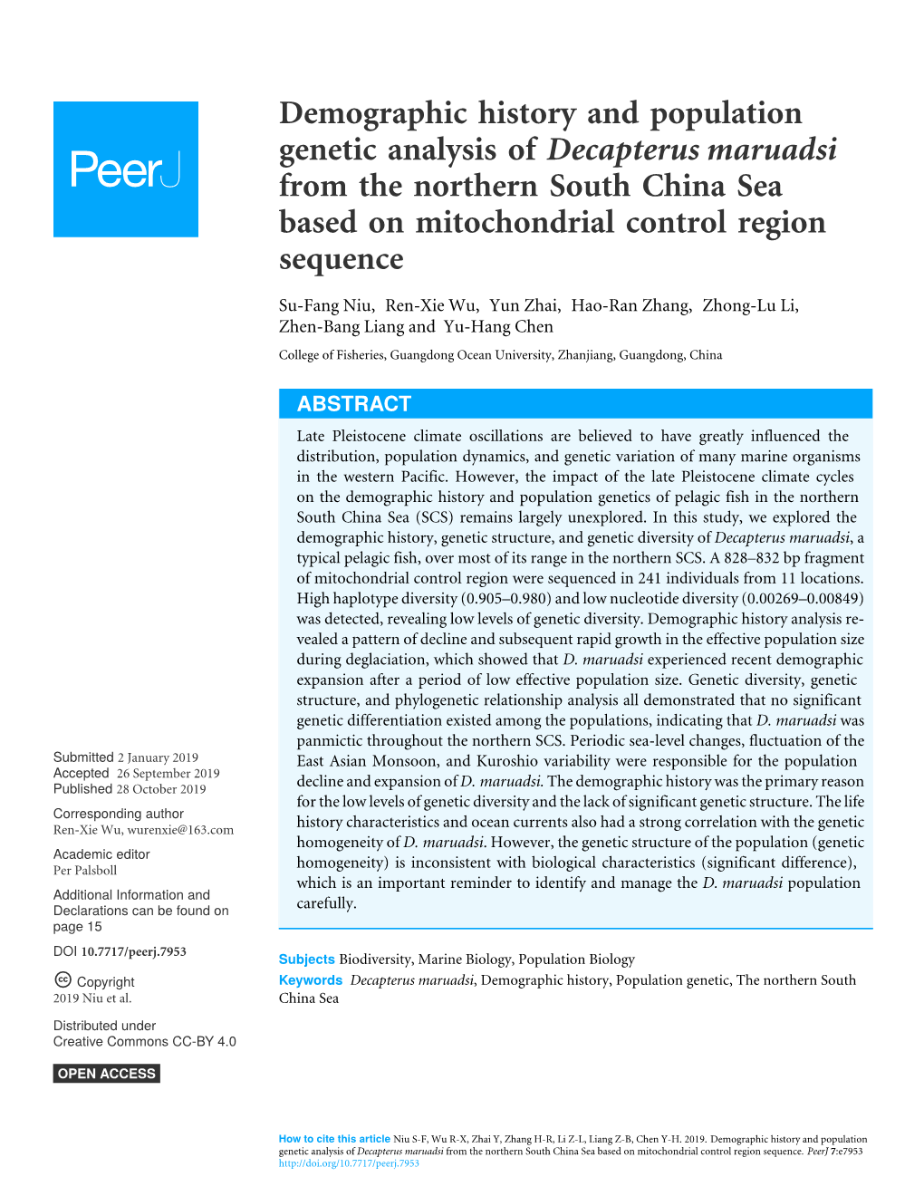 Demographic History and Population Genetic Analysis of Decapterus Maruadsi from the Northern South China Sea Based on Mitochondrial Control Region Sequence