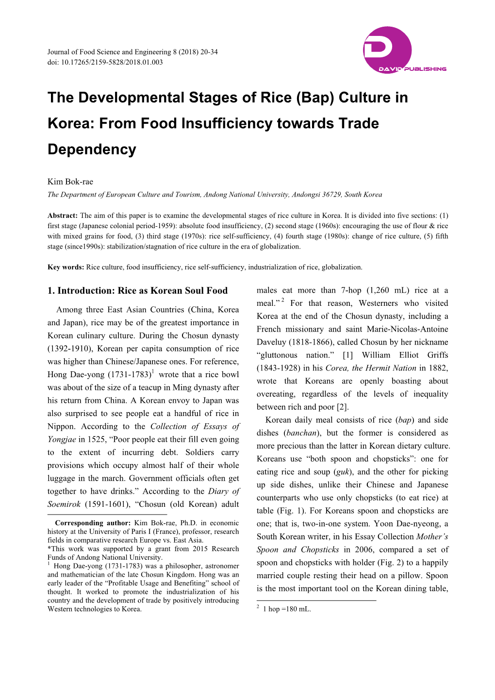 The Developmental Stages of Rice (Bap) Culture in Korea: from Food Insufficiency Towards Trade Dependency