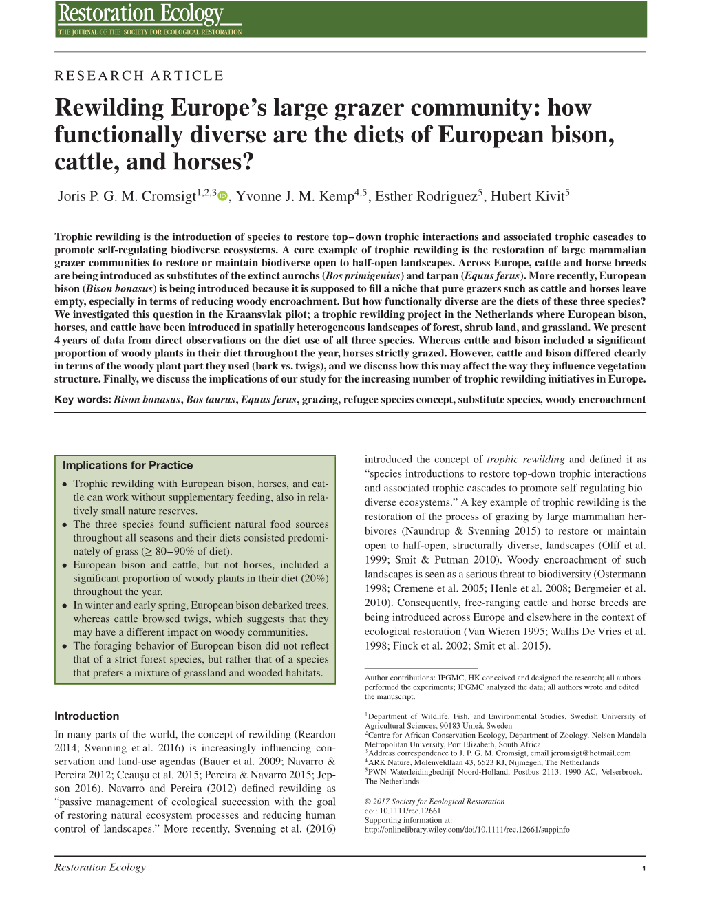 Restoration Ecology 1 Rewilding Europe’S Large Grazer Community