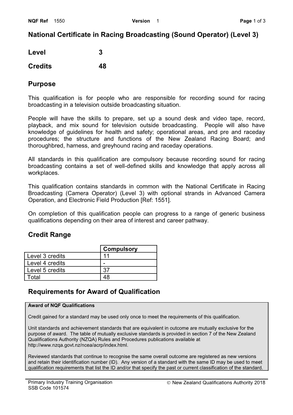 1550 National Certificate in Racing Broadcasting (Sound Operator) (Level 3)