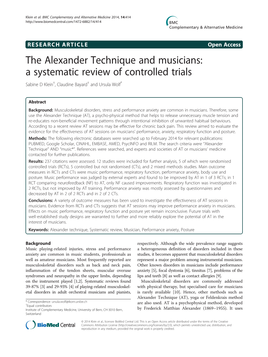 The Alexander Technique and Musicians: a Systematic Review of Controlled Trials Sabine D Klein†, Claudine Bayard† and Ursula Wolf*