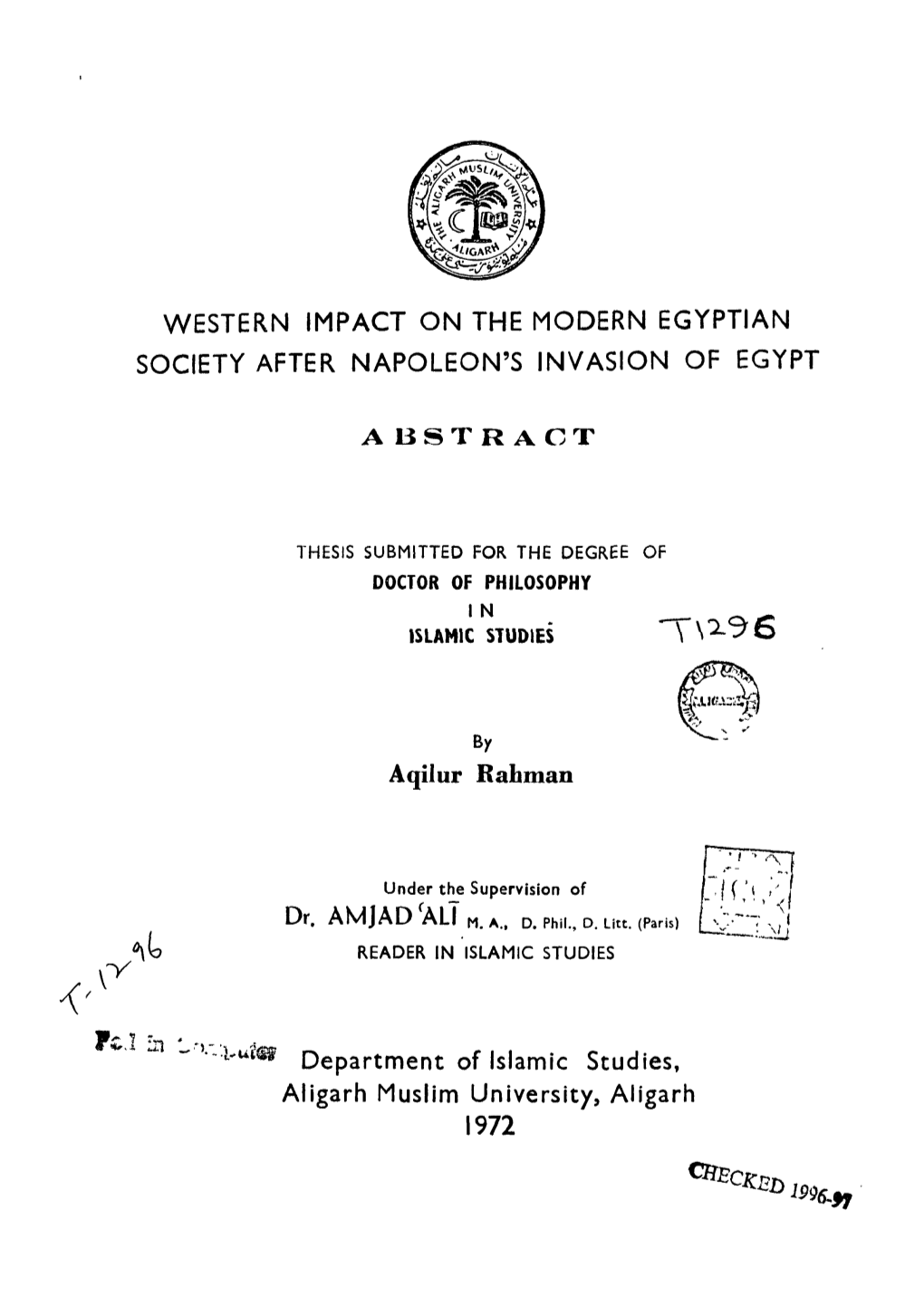 Western Impact on the Modern Egyptian Society After Napoleon's Invasion of Egypt a Bstract