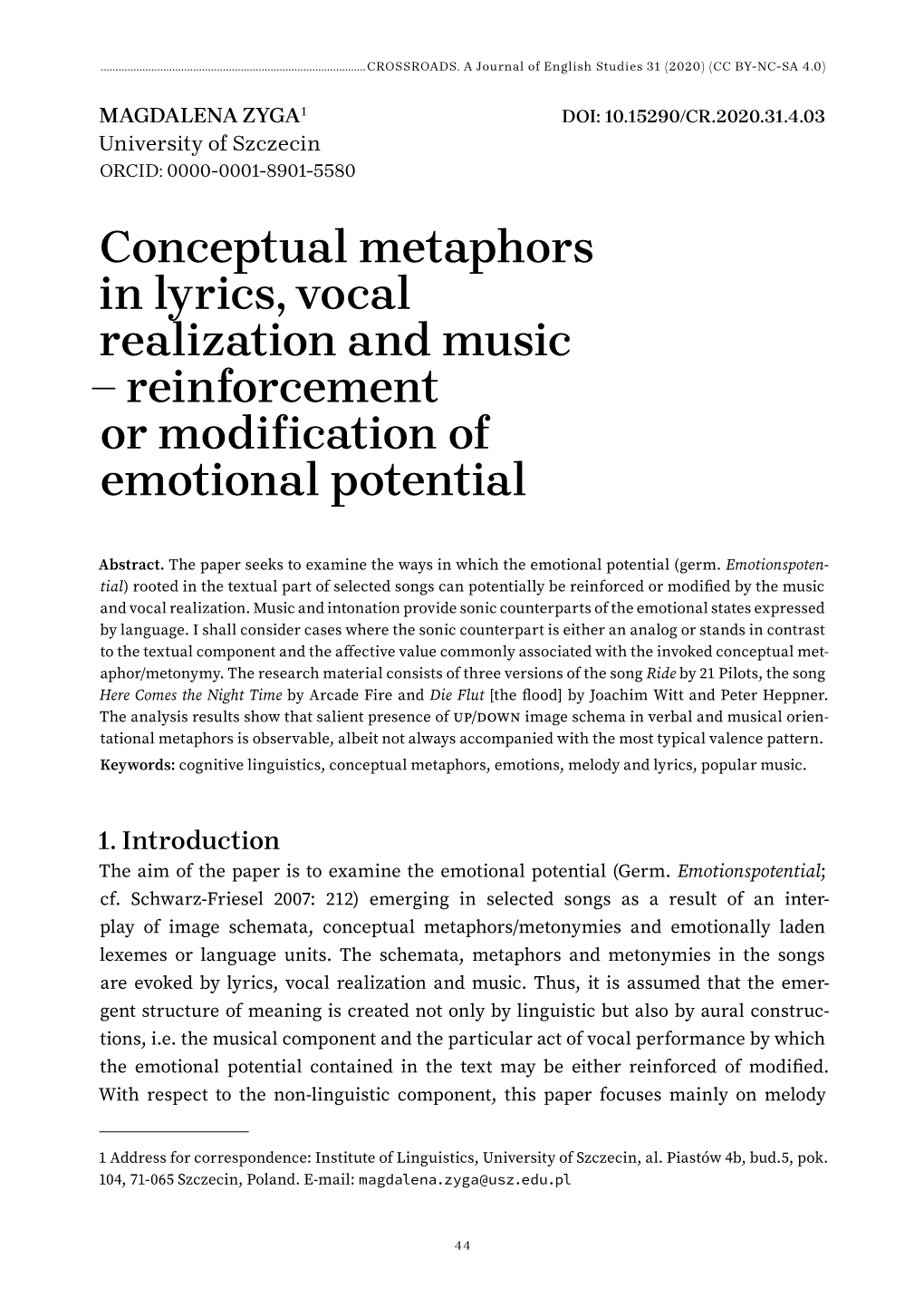Conceptual Metaphors in Lyrics, Vocal Realization and Music – Reinforcement Or Modification of Emotional Potential