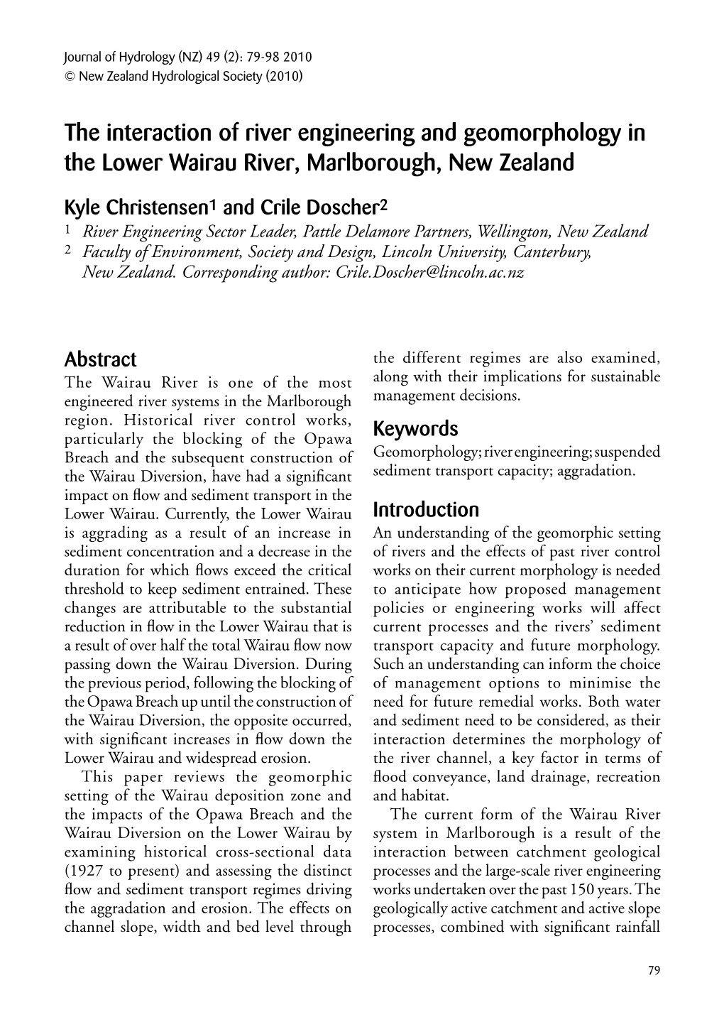 The Interaction of River Engineering and Geomorphology in the Lower Wairau River, Marlborough, New Zealand