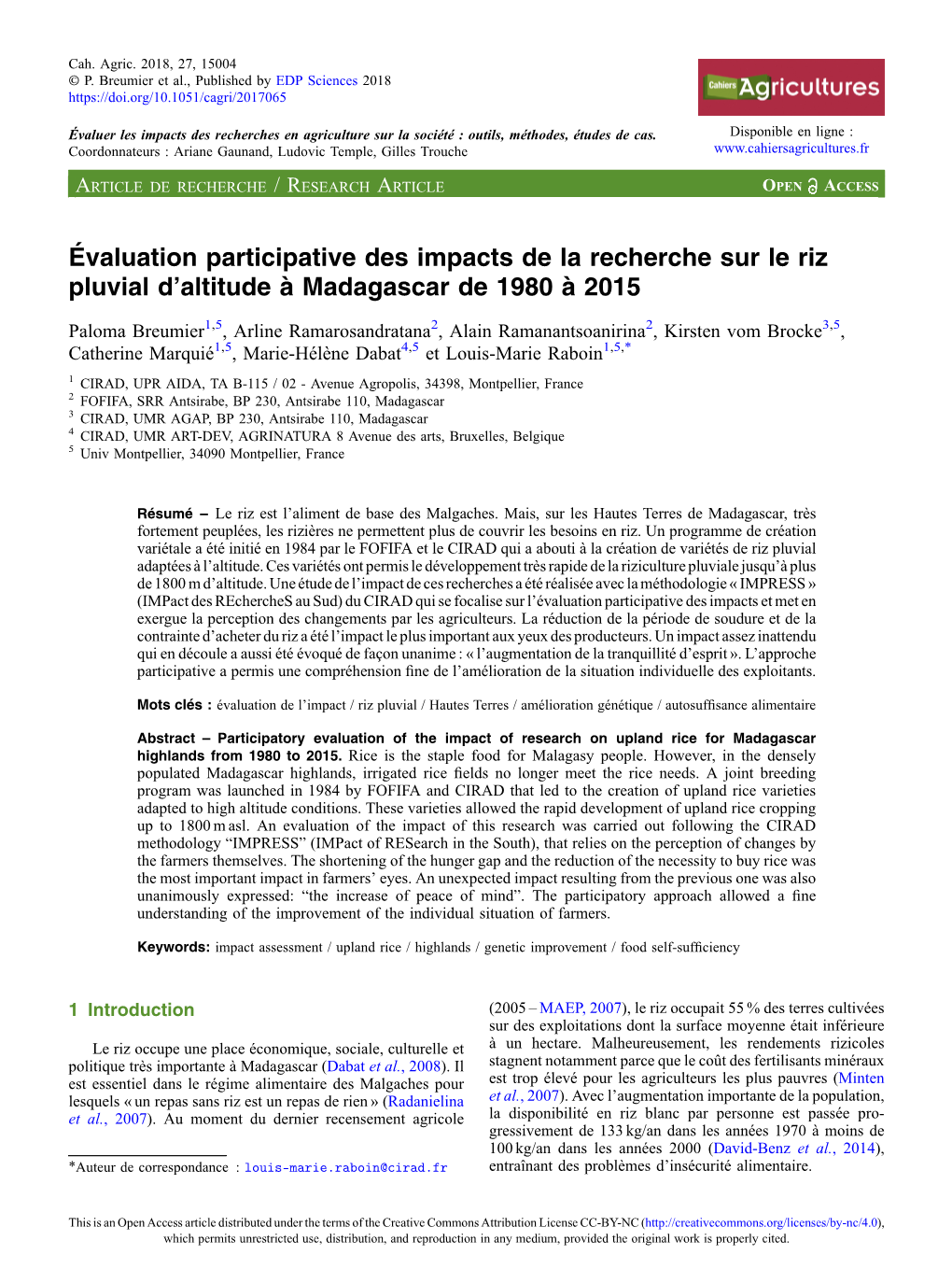 Évaluation Participative Des Impacts De La Recherche Sur Le Riz Pluvial D'altitude À Madagascar De 1980 À 2015