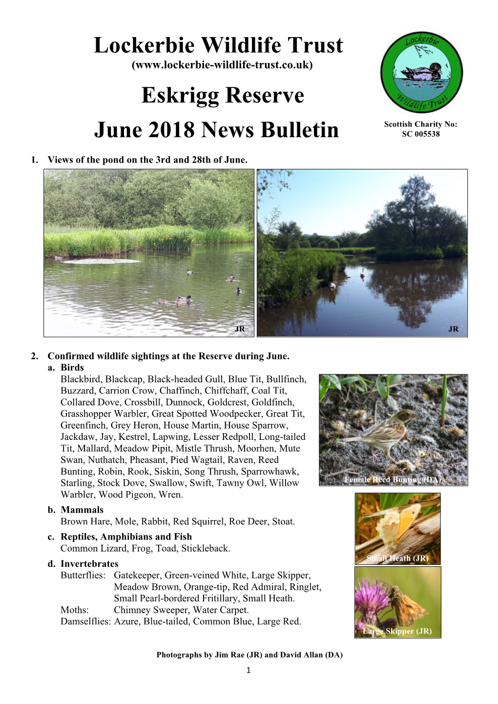 Lockerbie Wildlife Trust Eskrigg Reserve June 2018 News Bulletin