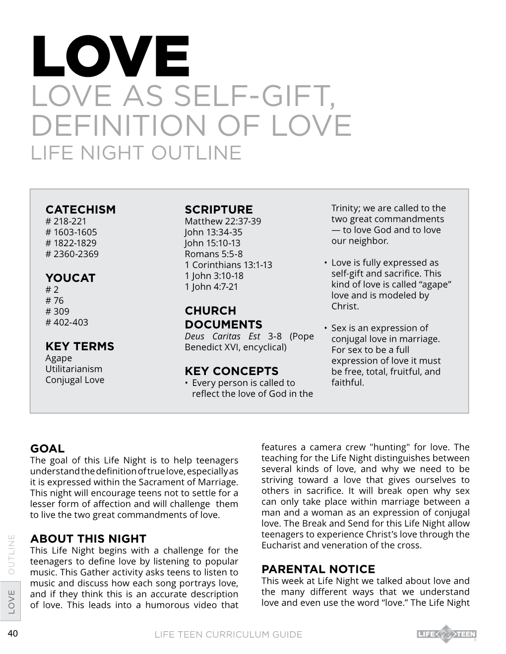 Love As Self-Gift, Definition of Love Life Night Outline