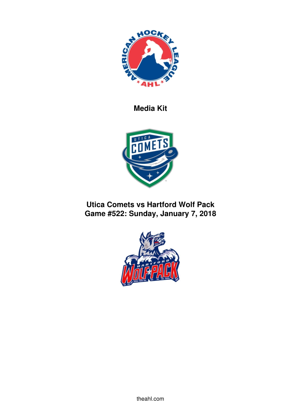 Media Kit Utica Comets Vs Hartford Wolf Pack Game #522: Sunday, January 7, 2018