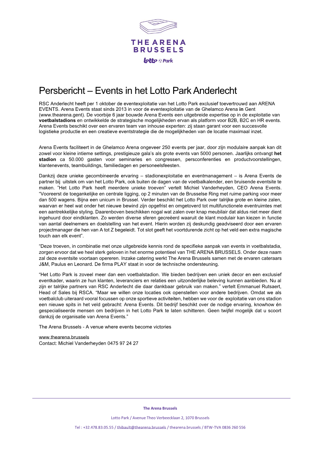 Persbericht – Events in Het Lotto Park Anderlecht