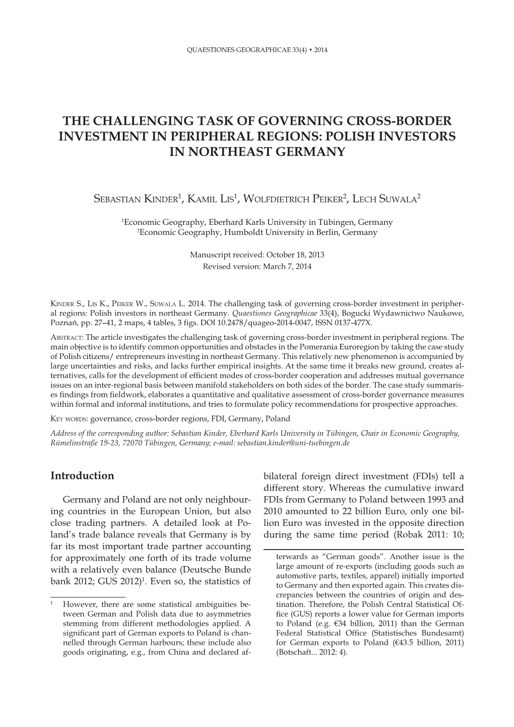 The Challenging Task of Governing Cross-Border Investment in Peripheral Regions: Polish Investors in Northeast Germany