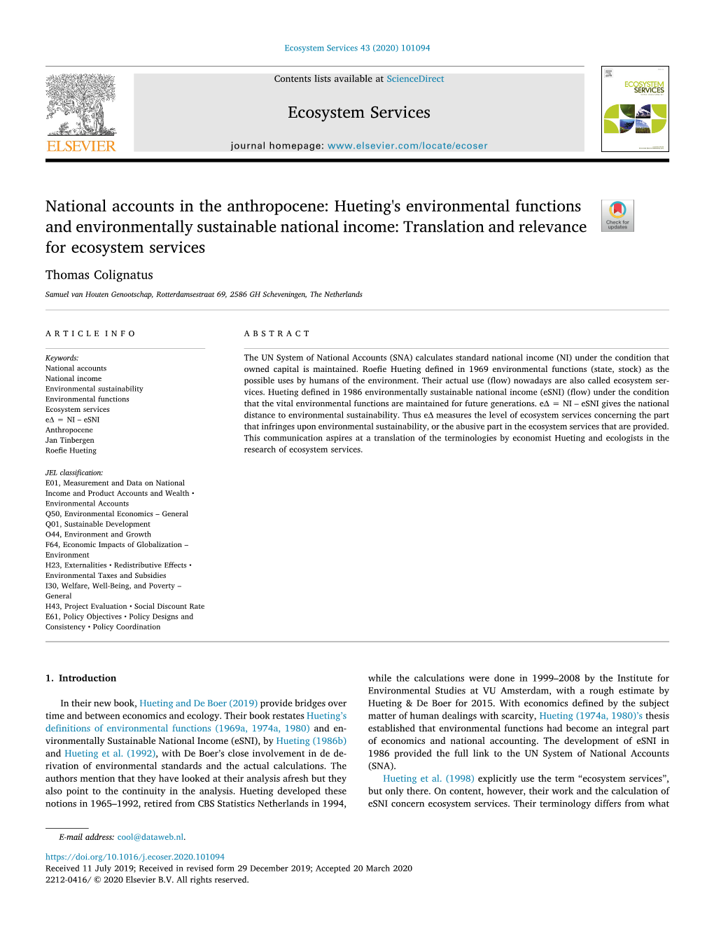 National Accounts in the Anthropocene Hueting's