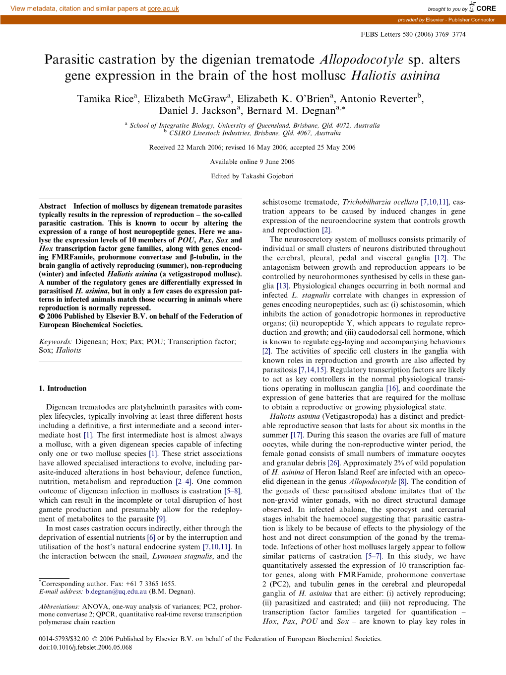 Parasitic Castration by the Digenian Trematode Allopodocotyle Sp. Alters Gene Expression in the Brain of the Host Mollusc Haliotis Asinina