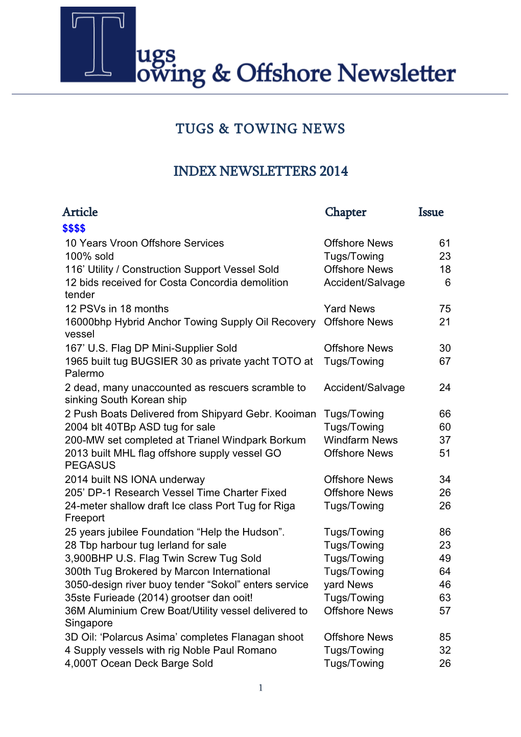 Tugs & Towing News Index Newsletters 2014