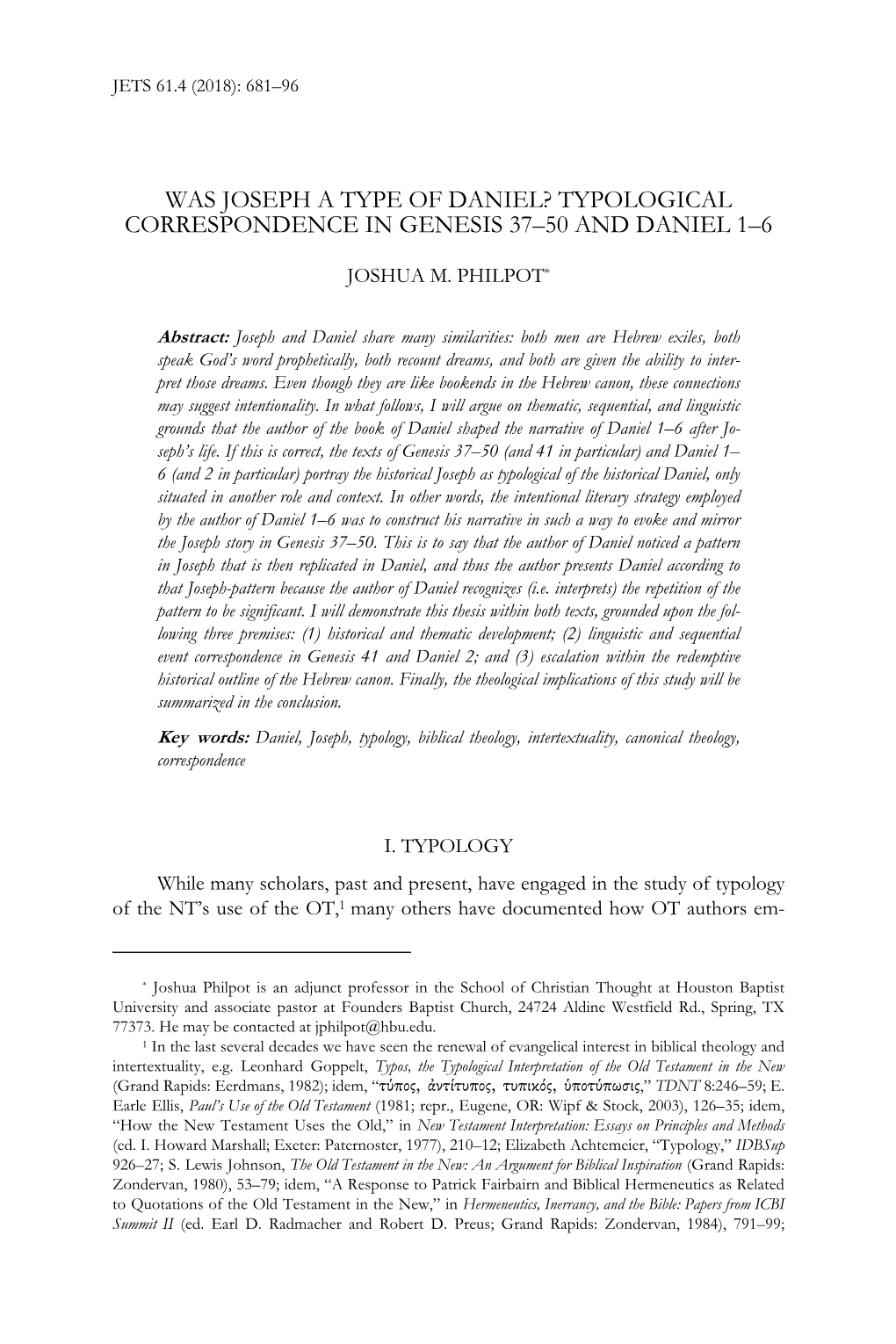 Was Joseph a Type of Daniel? Typological Correspondence in Genesis 37–50 and Daniel 1–6