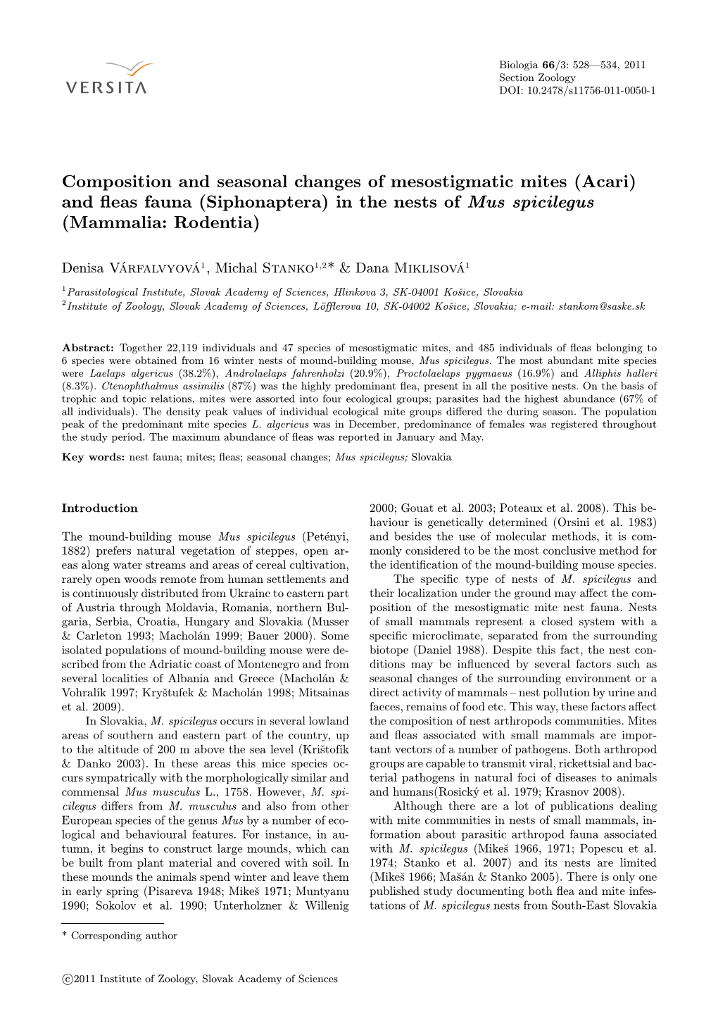 And Fleas Fauna (Siphonaptera) in the Nests of Mus Spicilegus