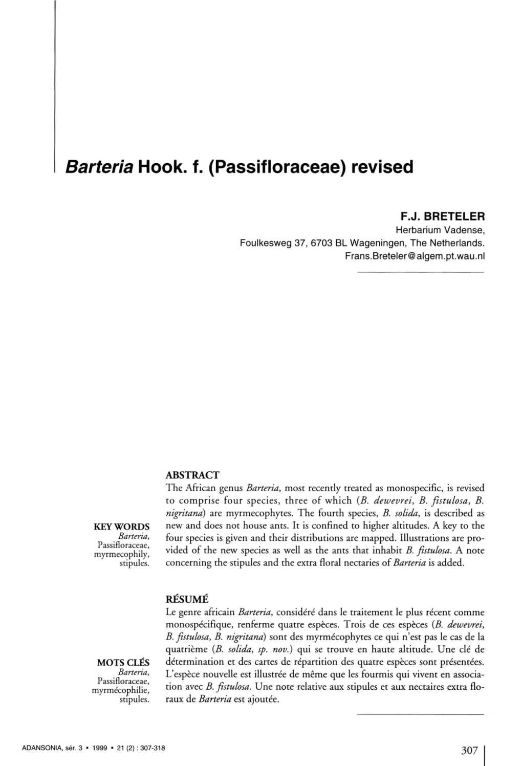 Barteria Hook. F. (Passifloraceae) Revised