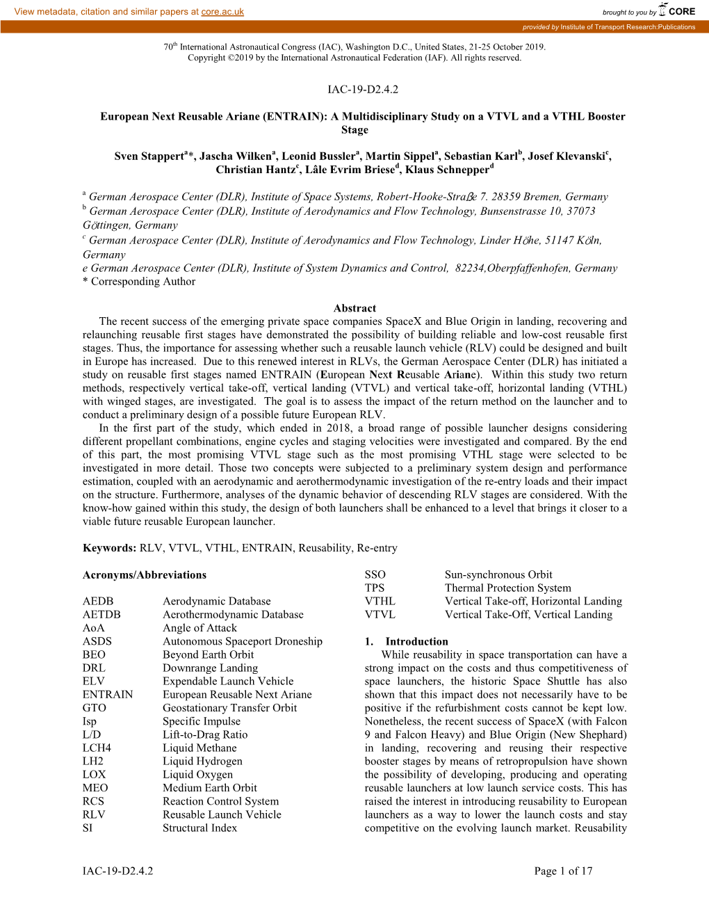 (ENTRAIN): a Multidisciplinary Study on a VTVL and a VTHL Booster Stage