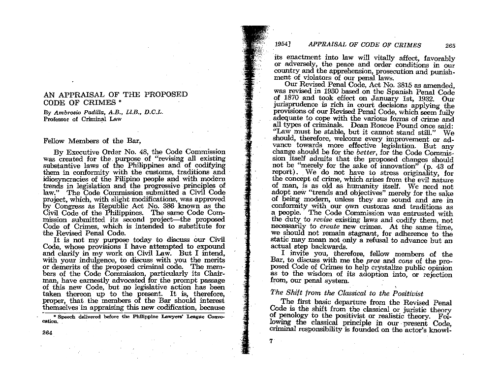 1954] Appraisal of Code of Crimes