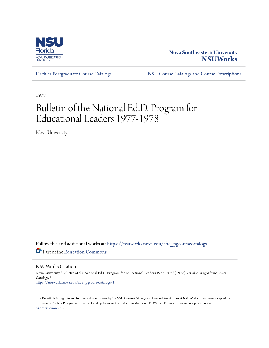 Bulletin of the National Ed.D. Program for Educational Leaders 1977-1978 Nova University