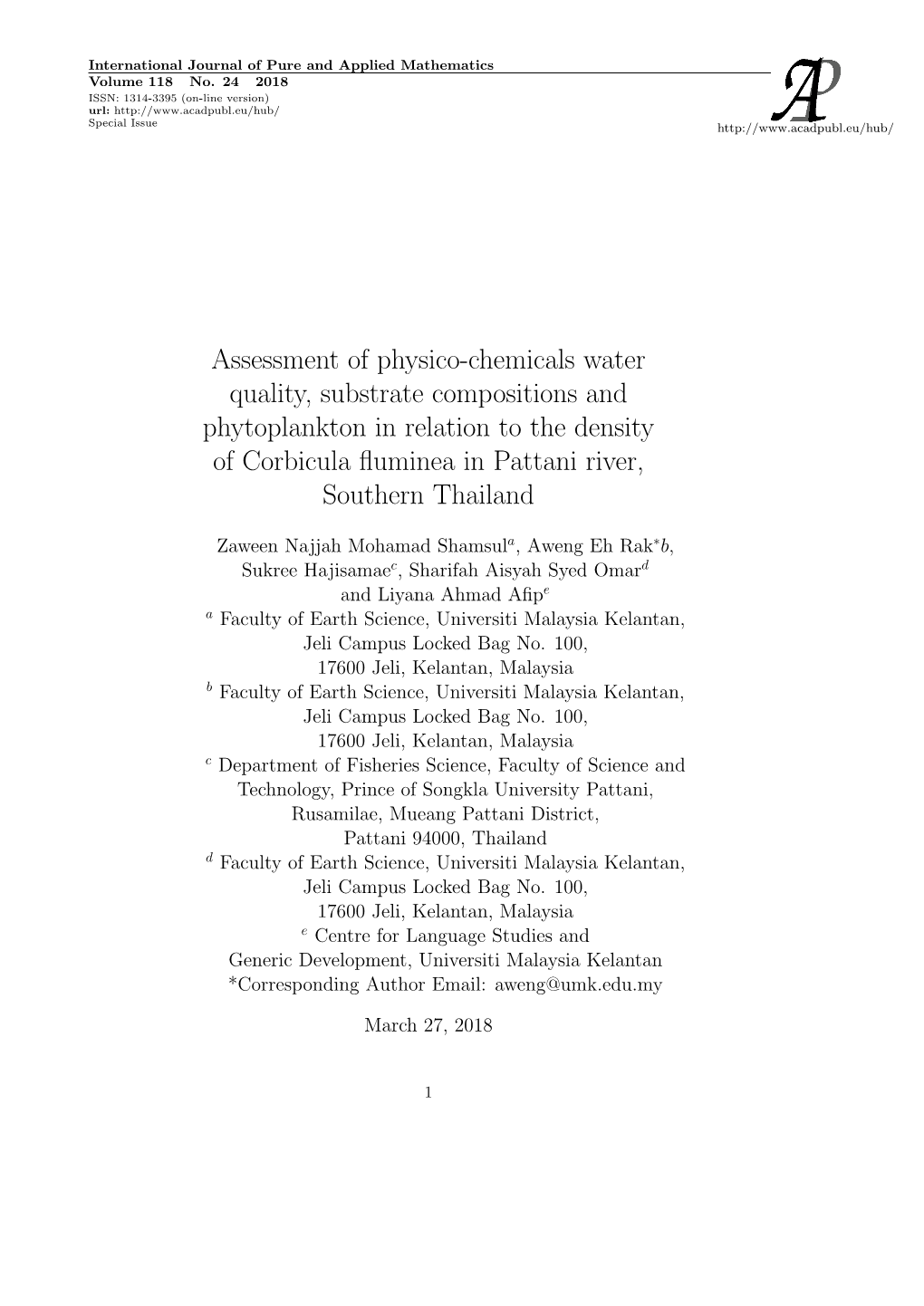 Assessment of Physico-Chemicals Water Quality, Substrate