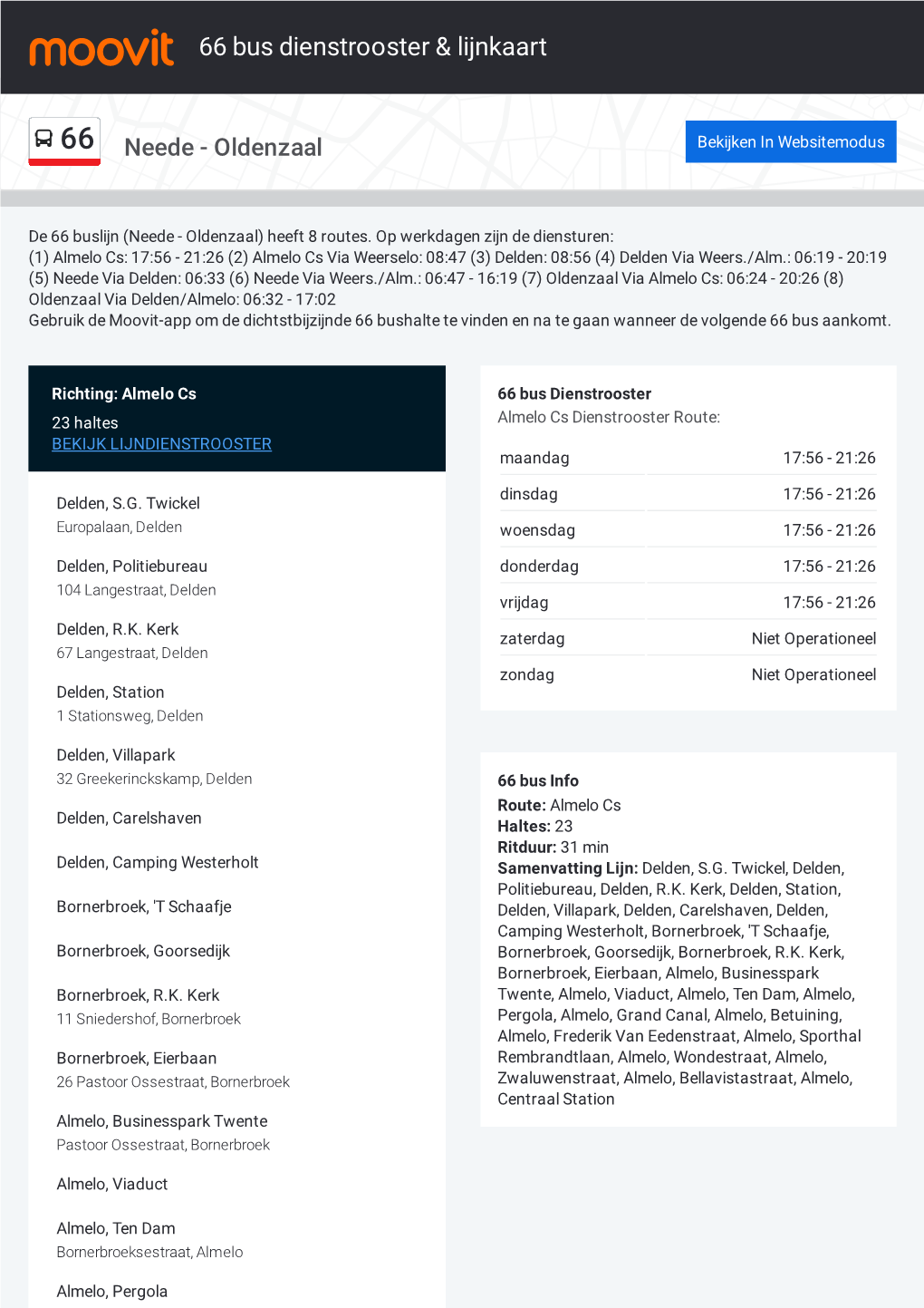 66 Bus Dienstrooster & Lijnroutekaart