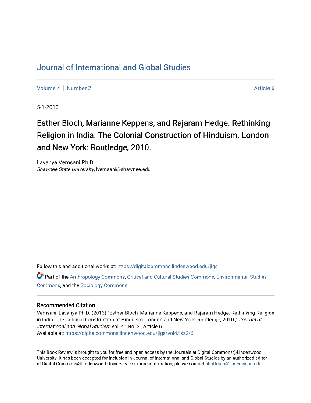 The Colonial Construction of Hinduism. London and New York: Routledge, 2010