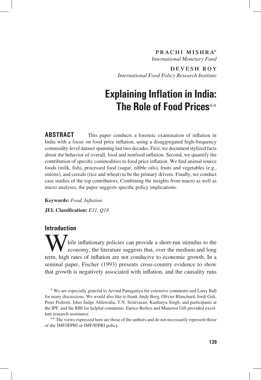 Explaining Inflation in India: the Role of Food Prices**