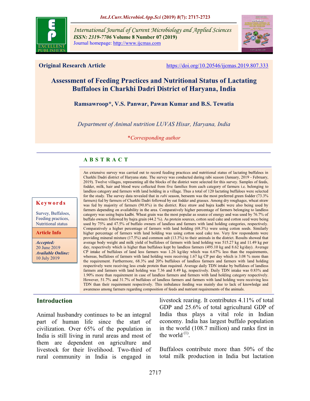 Assessment of Feeding Practices and Nutritional Status of Lactating Buffaloes in Charkhi Dadri District of Haryana, India