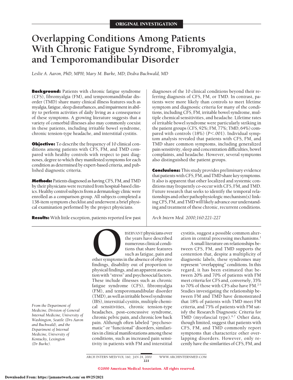 Overlapping Conditions Among Patients with Chronic Fatigue Syndrome, Fibromyalgia, and Temporomandibular Disorder