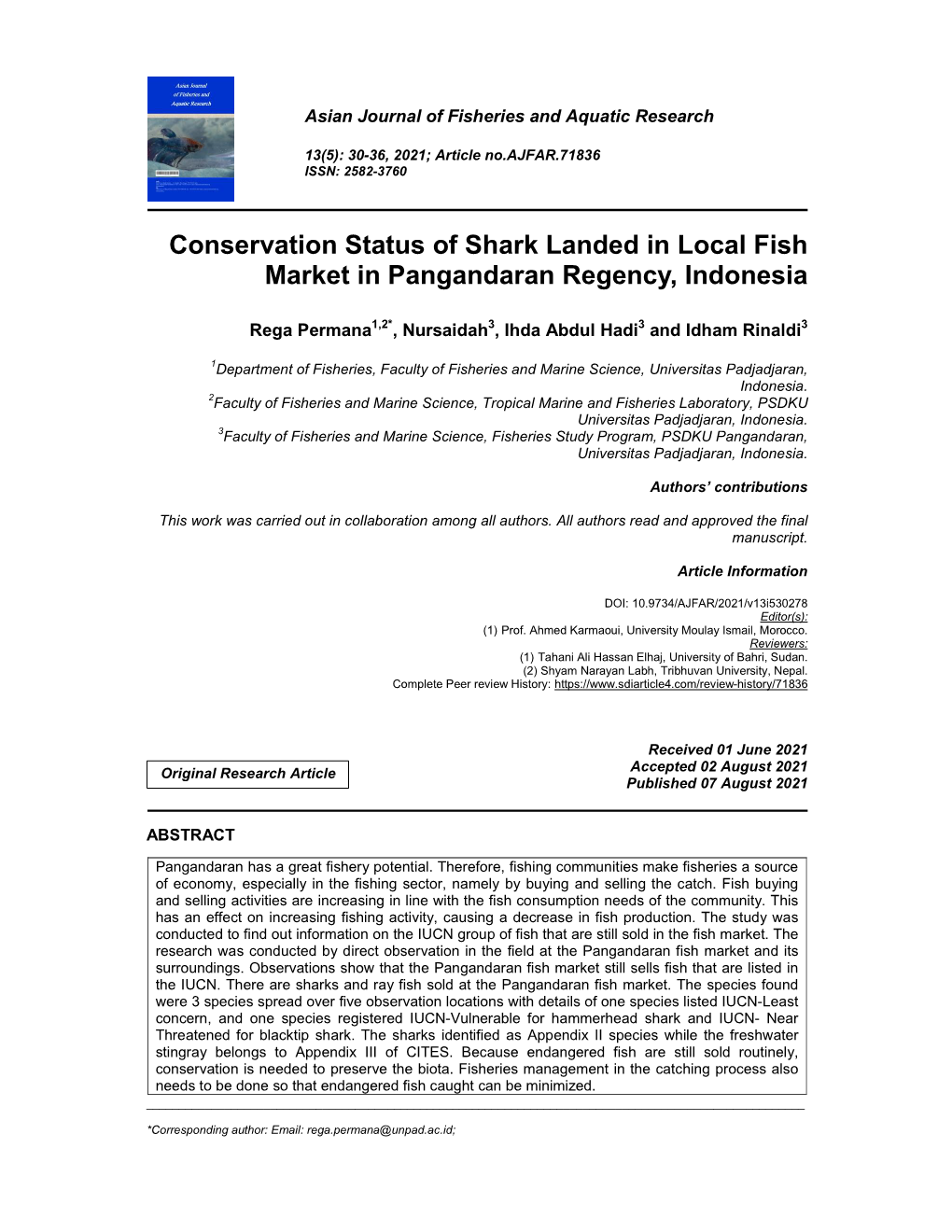 Conservation Status of Shark Landed in Local Fish Market in Pangandaran Regency, Indonesia