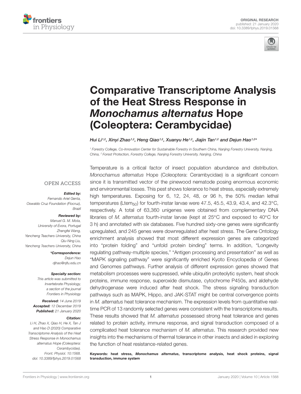 Comparative Transcriptome Analysis of the Heat Stress Response in Monochamus Alternatus Hope (Coleoptera: Cerambycidae)