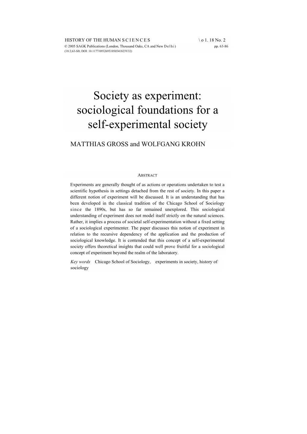 Society As Experiment: Sociological Foundations for a Self