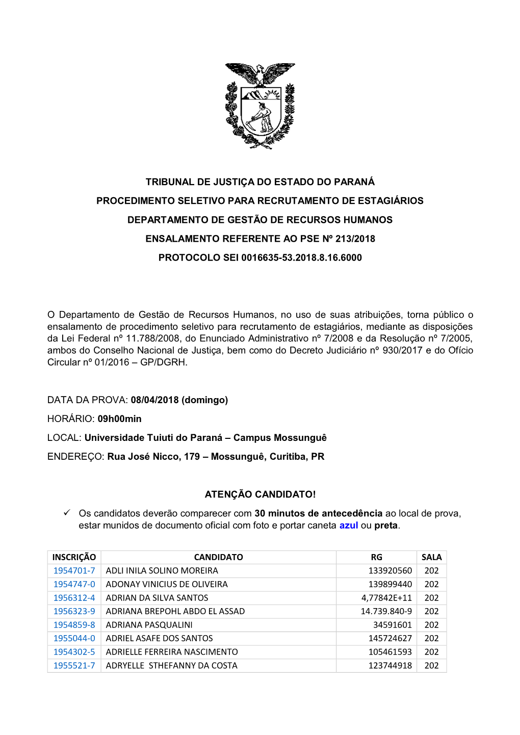 Ensalamento Referente Ao Pse Nº 213/2018 Protocolo Sei 0016635-53.2018.8.16.6000