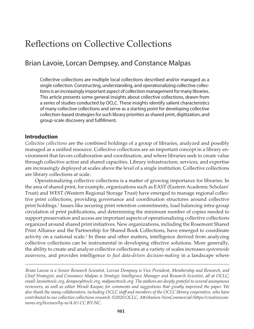 Reflections on Collective Collections