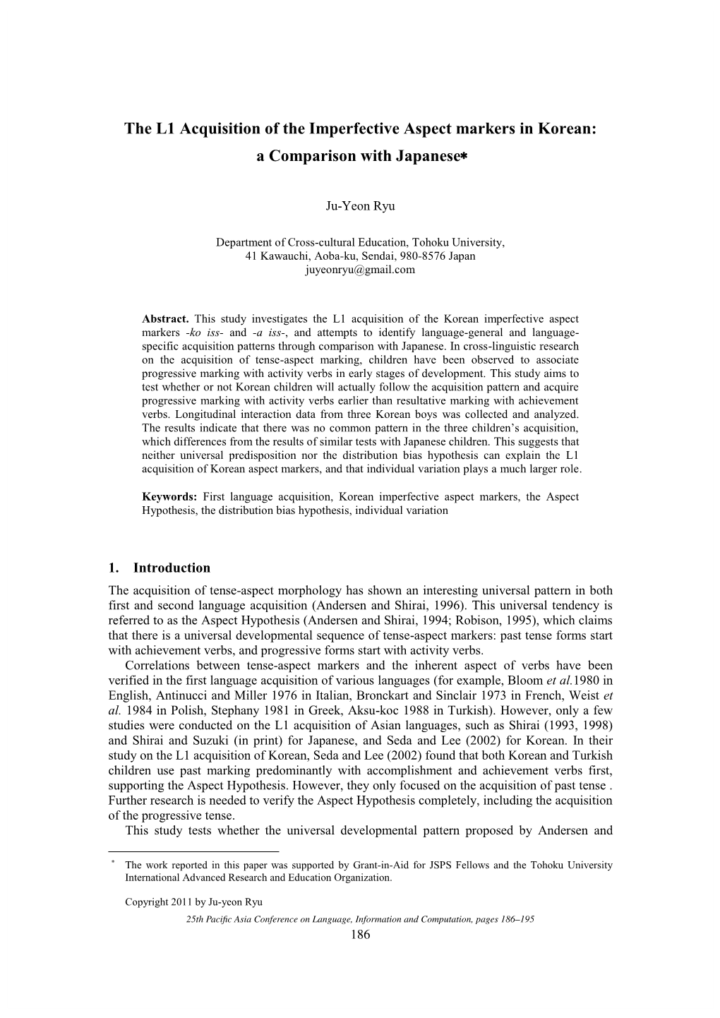 The L1 Acquisition of the Imperfective Aspect Markers in Korean: a Comparison with Japanese