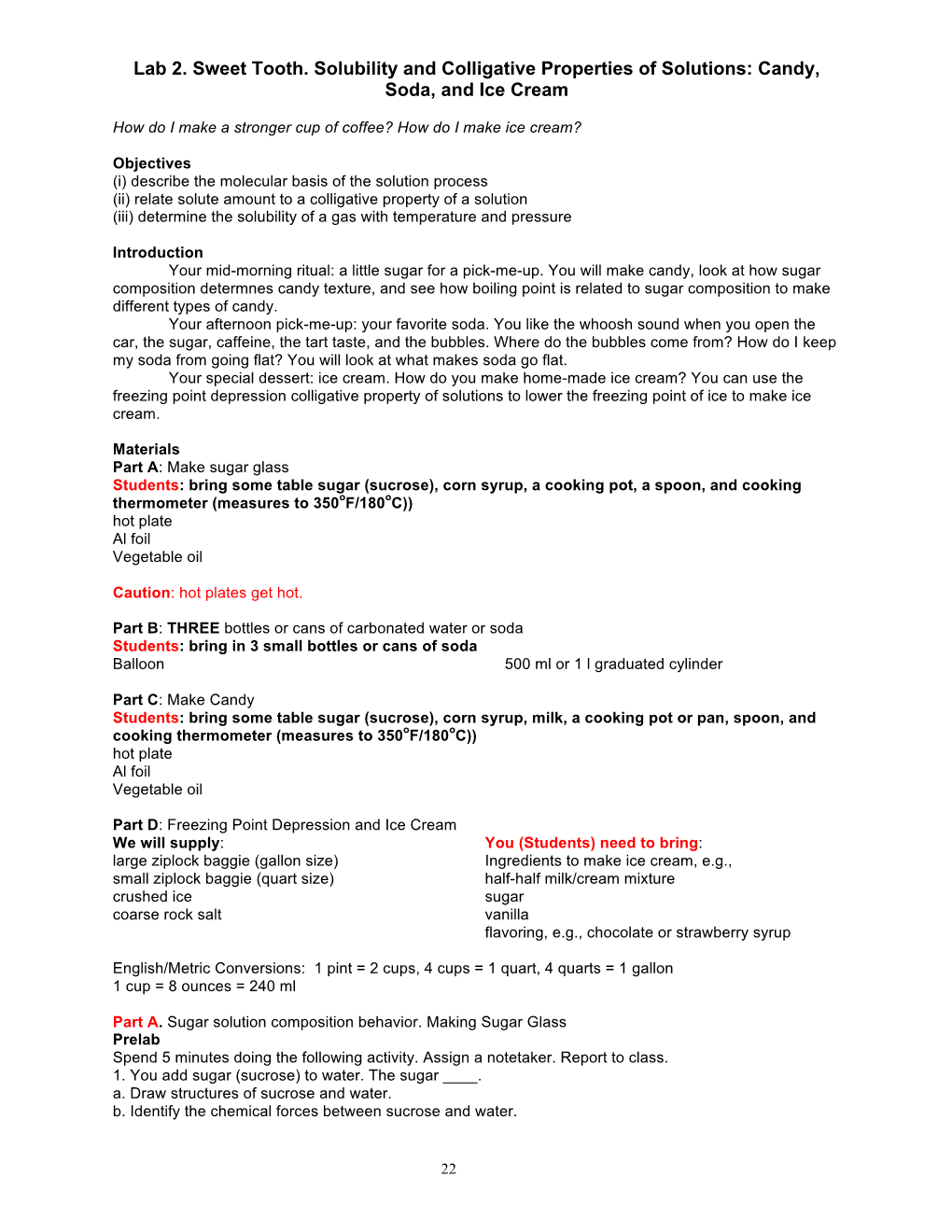 Lab 2. Sweet Tooth. Solubility and Colligative Properties of Solutions: Candy, Soda, and Ice Cream