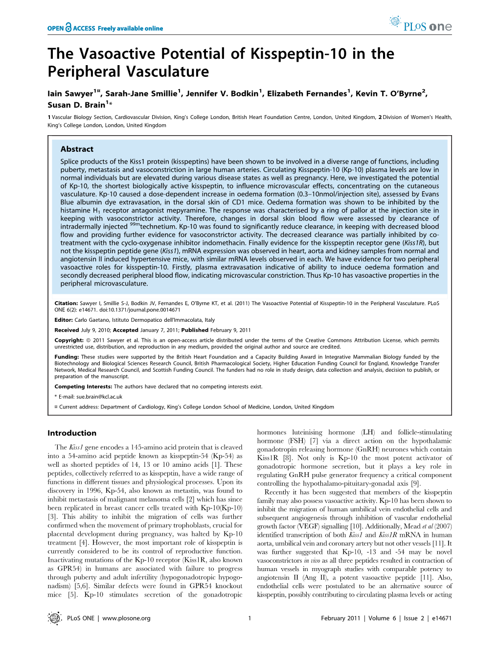 The Vasoactive Potential of Kisspeptin-10 in the Peripheral Vasculature