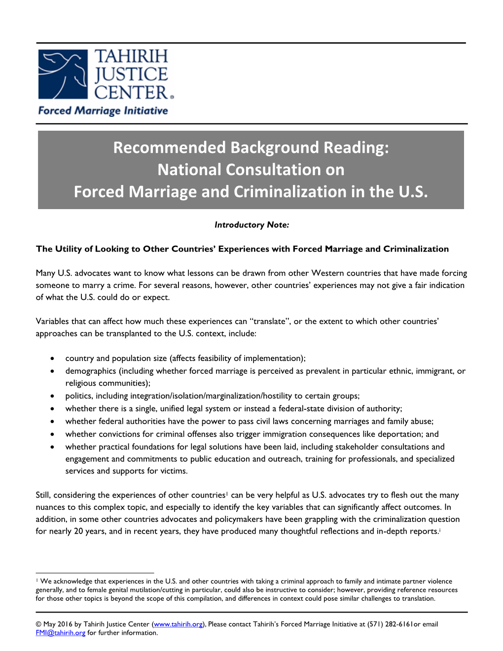 Recommended Background Reading: National Consultation on Forced Marriage and Criminalization in the U.S