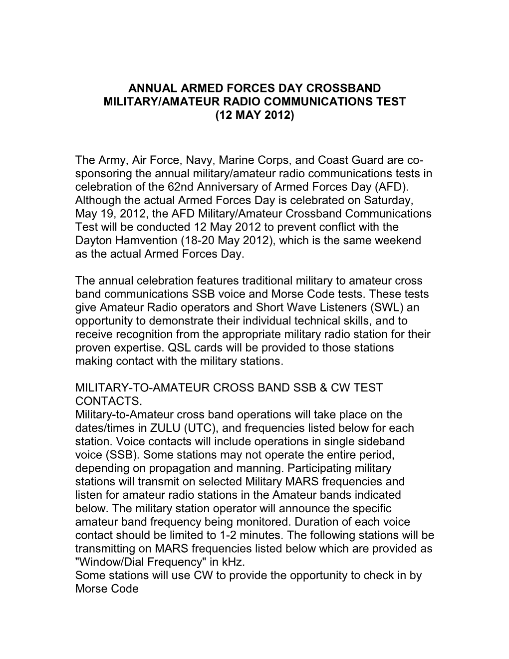 Annual Armed Forces Day Crossband Military/Amateur Radio Communications Test (12 May 2012)