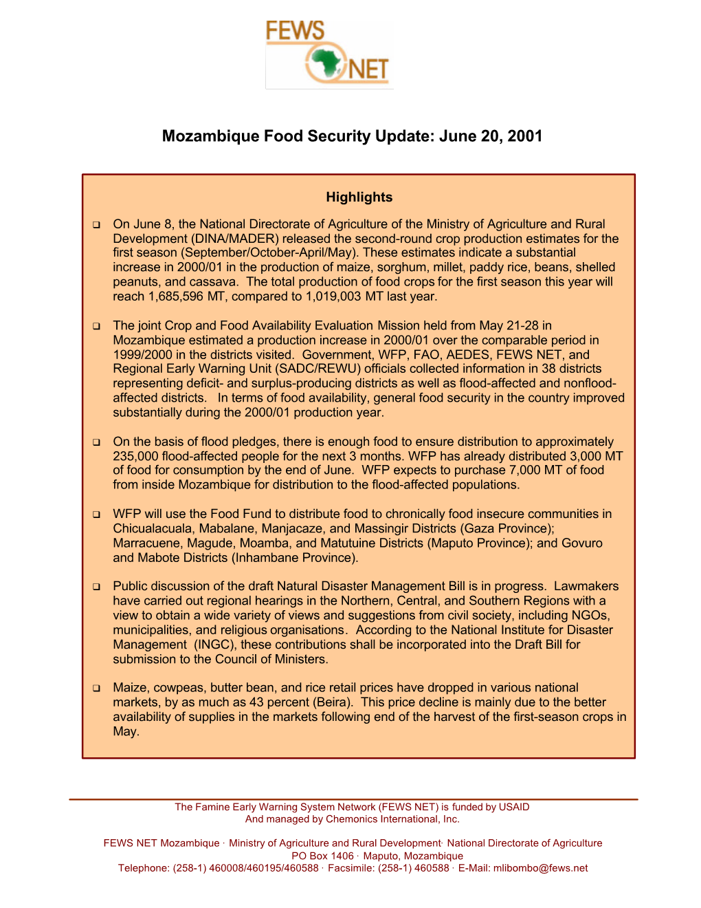 Mozambique Food Security Update: June 20, 2001