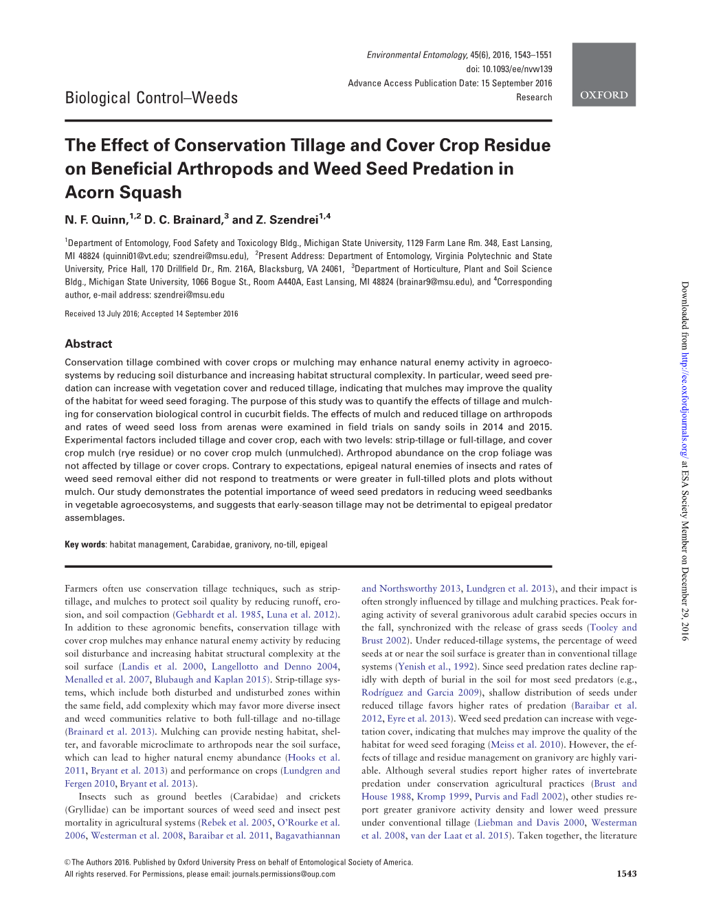 The Effect of Conservation Tillage and Cover Crop Residue on Beneficial Arthropods and Weed Seed Predation in Acorn Squash