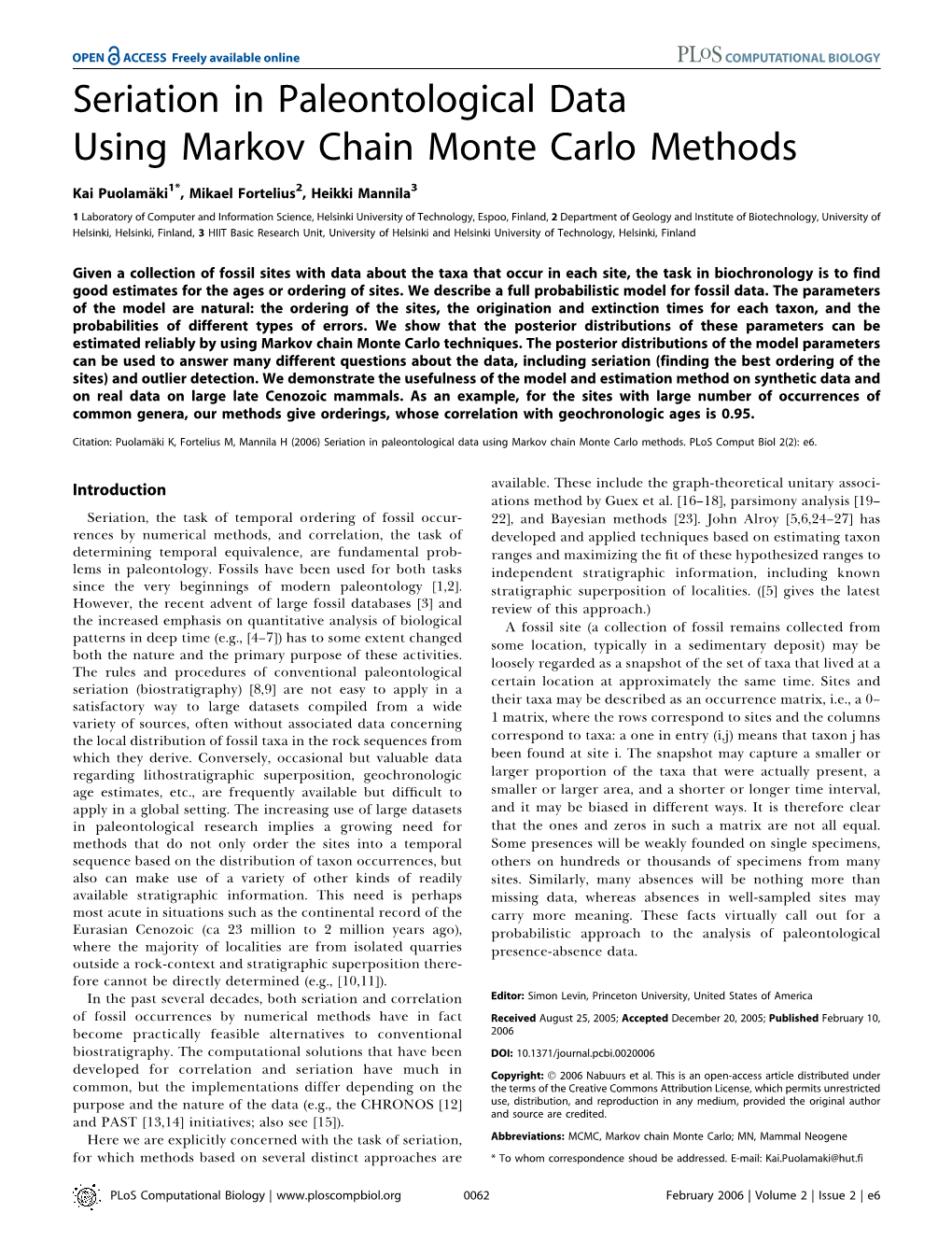 Seriation in Paleontological Data Using Markov Chain Monte Carlo Methods