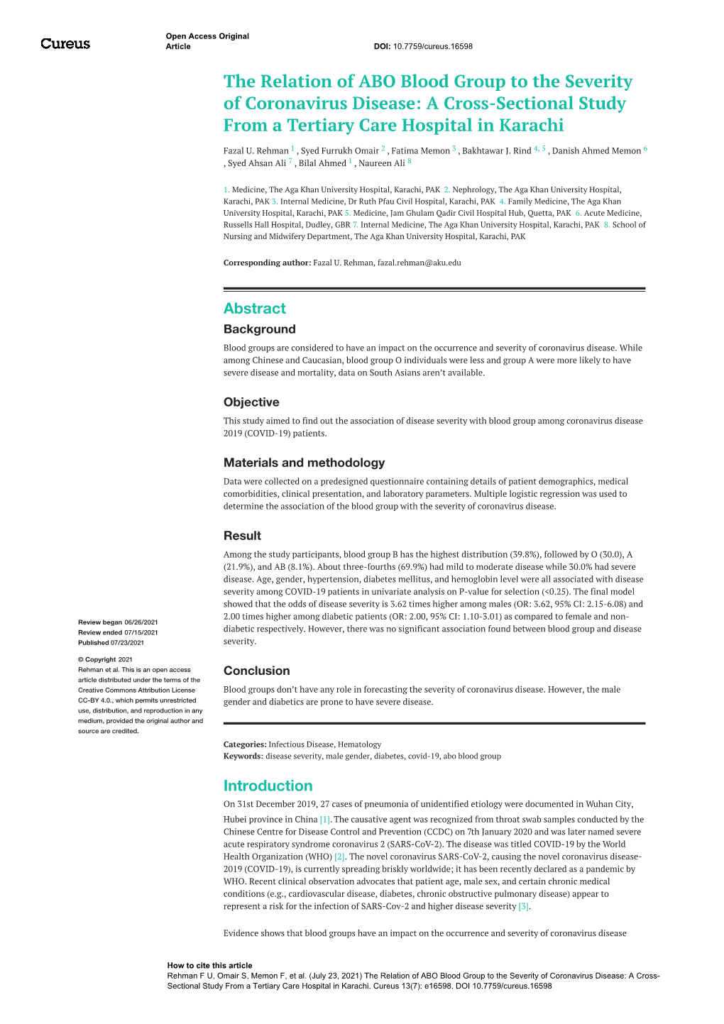 A Cross-Sectional Study from a Tertiary Care Hospital in Karachi