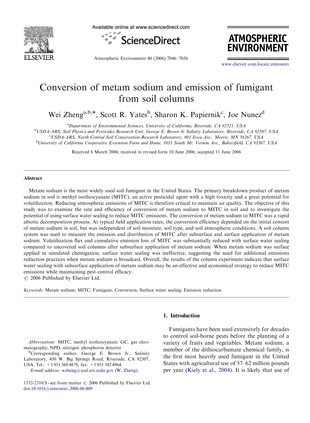 Conversion of Metam Sodium and Emission of Fumigant from Soil Columns