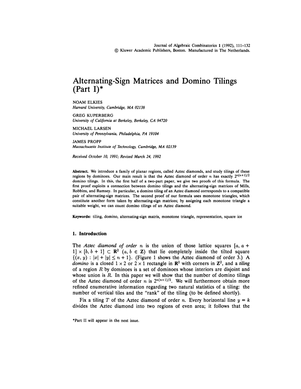 Alternating-Sign Matrices and Domino Tilings (Part I)*